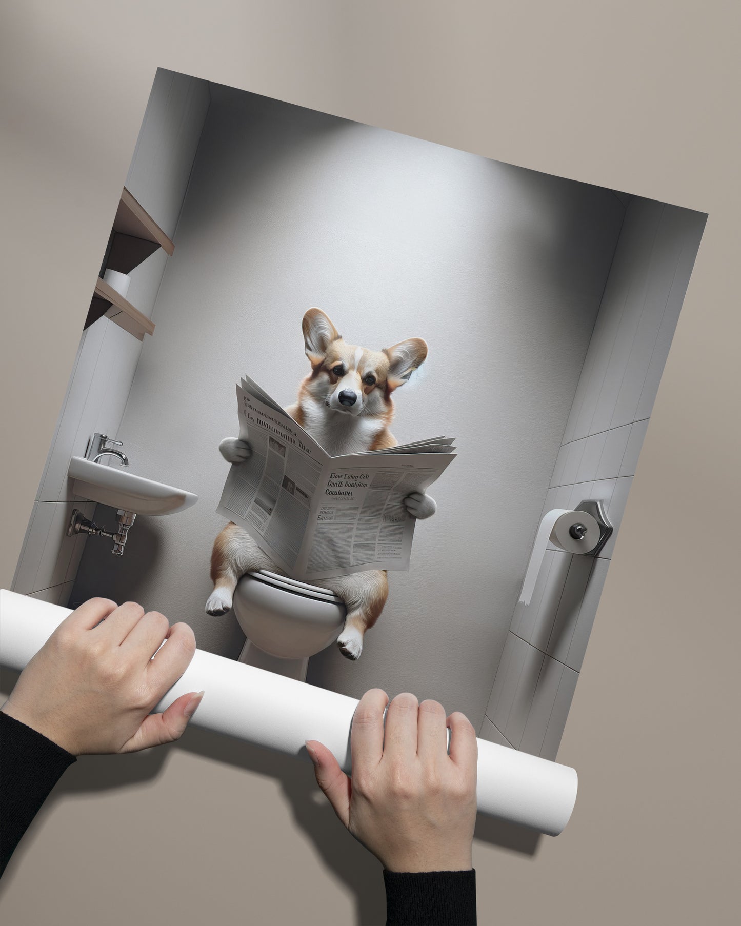 Funny Corgi Reading Newspaper Poster - Unique Bathroom Wall Art Decor - Humorous WC Toilet Gift
