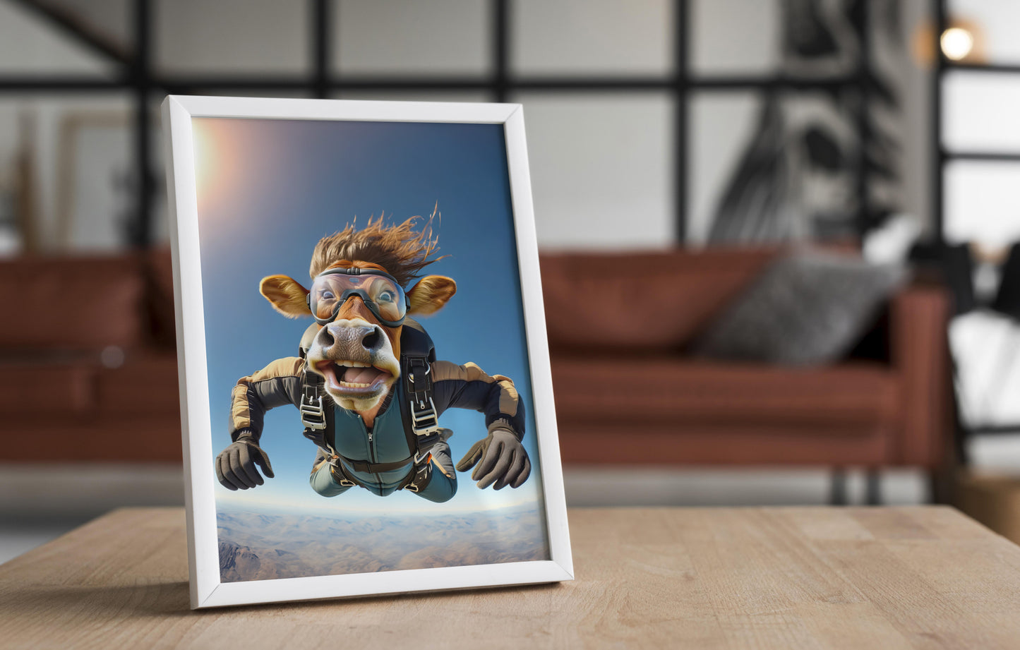 Affiche murale Vache en chute libre, Poster Skydiving Animal, Décoration Sport Extrême, Cadeau original