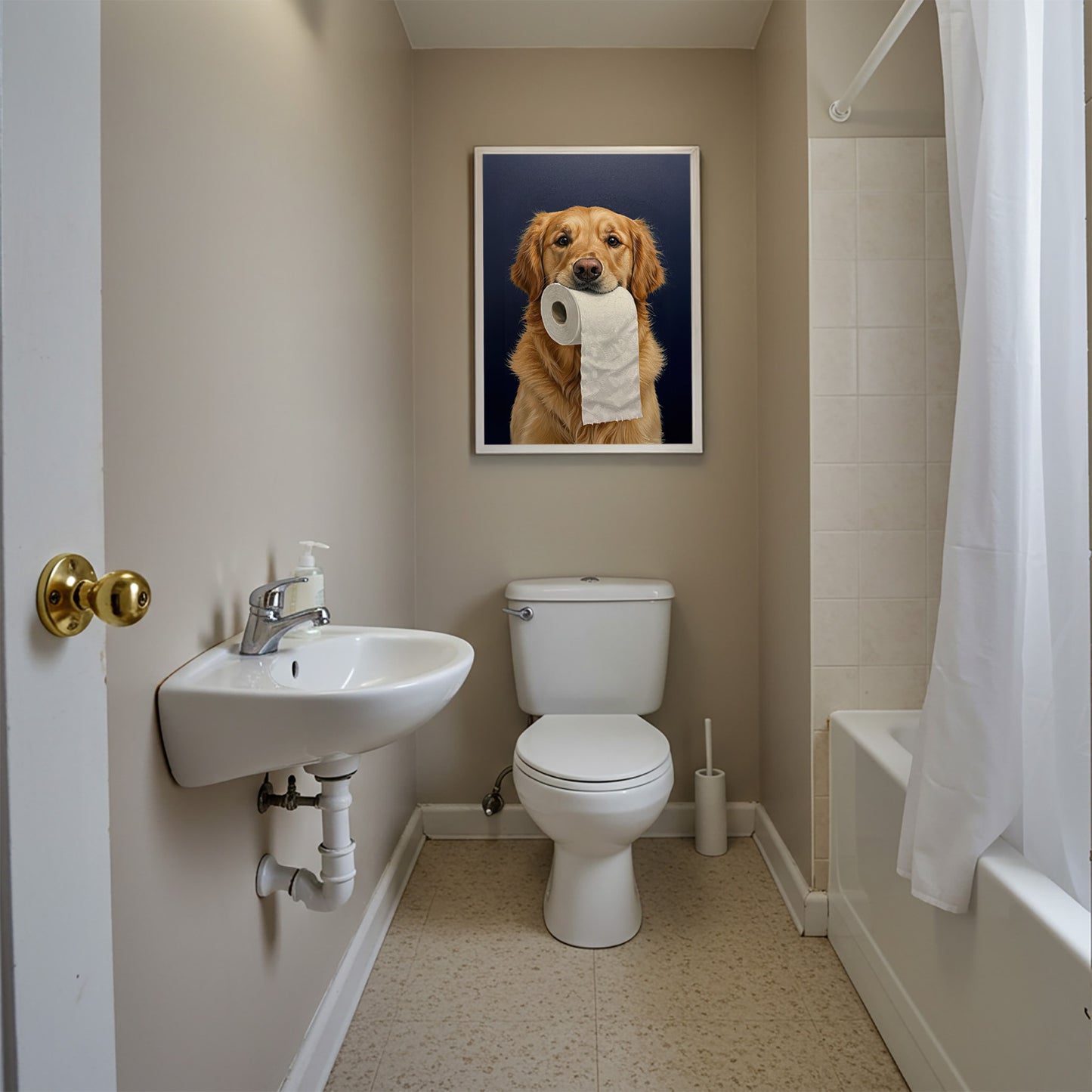Golden Retriever with toilet paper roll in mouth, Toilet Humor, Golden Retriever Gifts, Bathroom Print, Dog Lover Gift, WC Wall Art, Framed Print