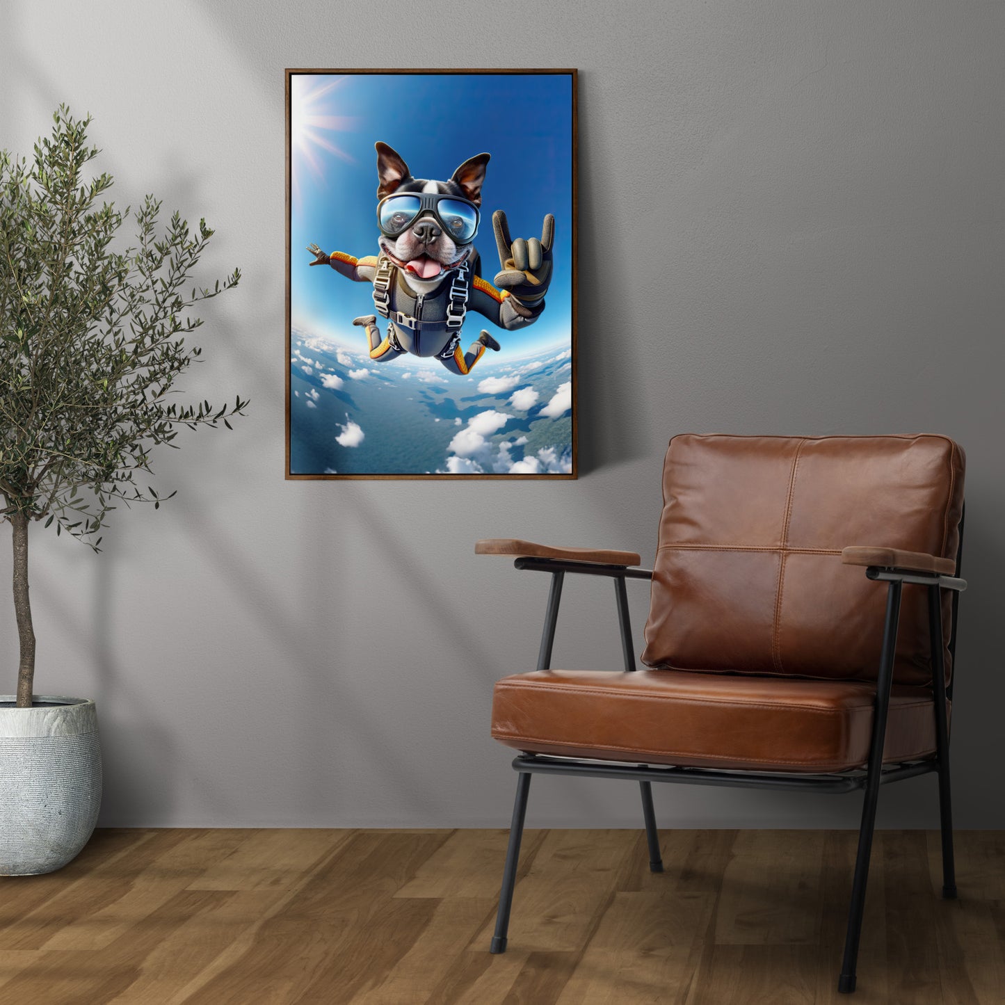 Affiche murale Boston Terrier en chute libre, Poster Saut en Parachute Chien, Déco Sport Extrême, Idée cadeau unique