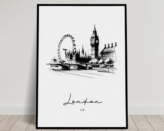 Affiche Poster Paysage Londonien - Illustration Noir et Blanc Londres - Art Mural Salon - Décor Chambre - Poster Bureau - Idée Cadeau