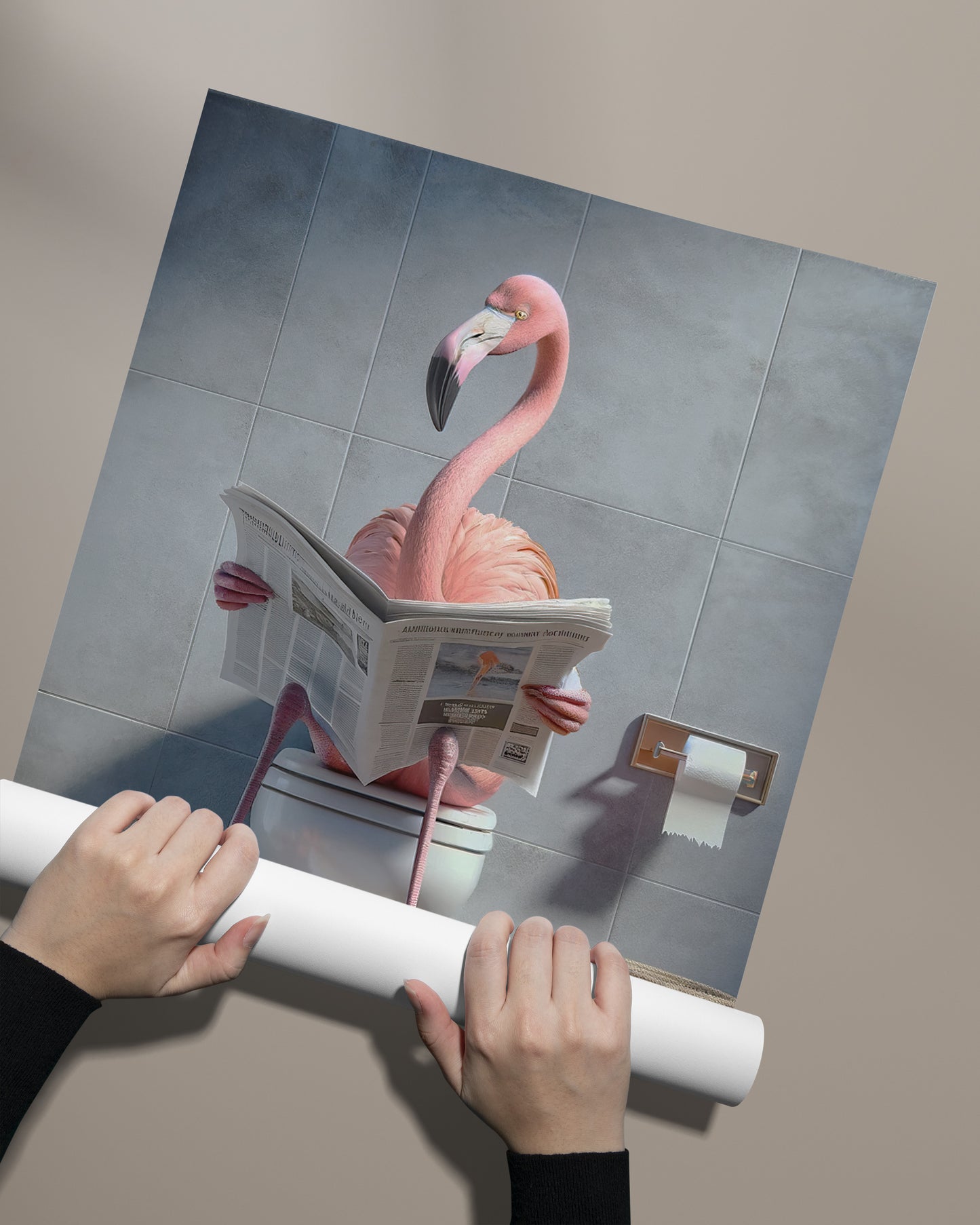 Flamingo Reading Newspaper Poster – Funny Bathroom Decor | Unique WC Wall Art | Gag Gift