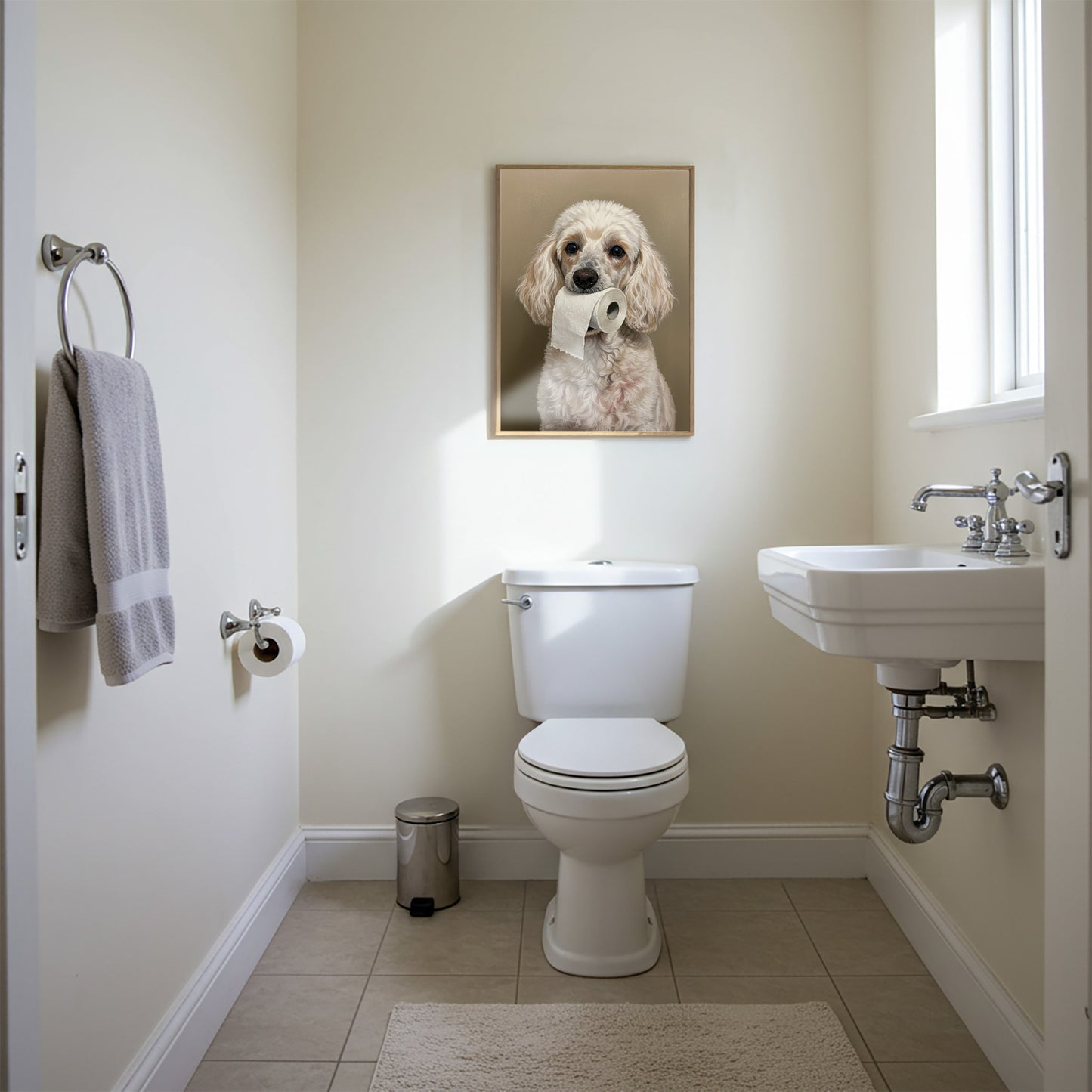 Caniche mordant un rouleau de papier toilette, Humour Toilettes, Poster WC, Cadeau Caniche blanc, Affiche encadrée, Poster chien