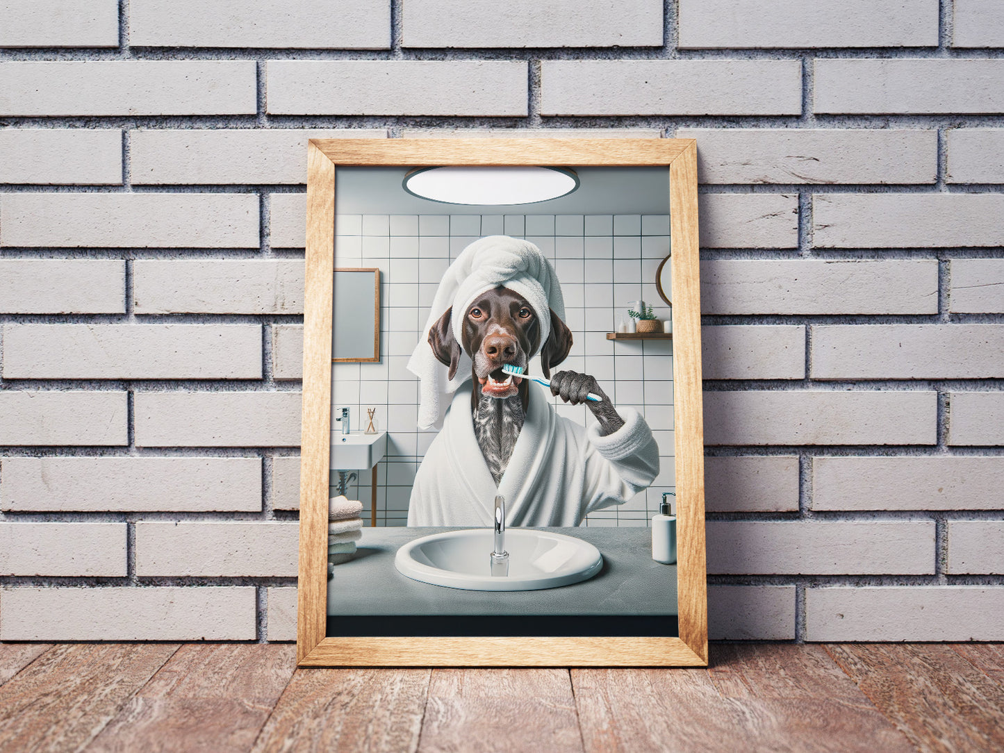 Portrait of a GSP Brushing Teeth in Bathrobe – Funny Dog Bathroom Decor, Cute Poster, GSP Print, German Shorthaired Pointer Gift, Framed art