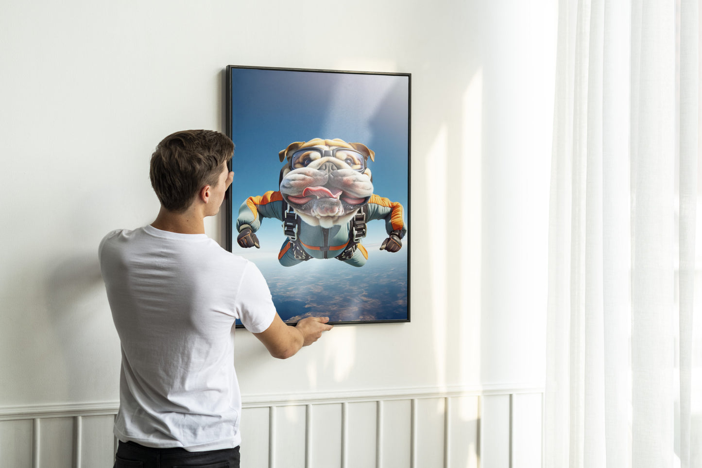 Affiche murale Bulldog Anglais en chute libre, Poster Saut en Parachute, Décor Animal Skydiving, Idée cadeau unique