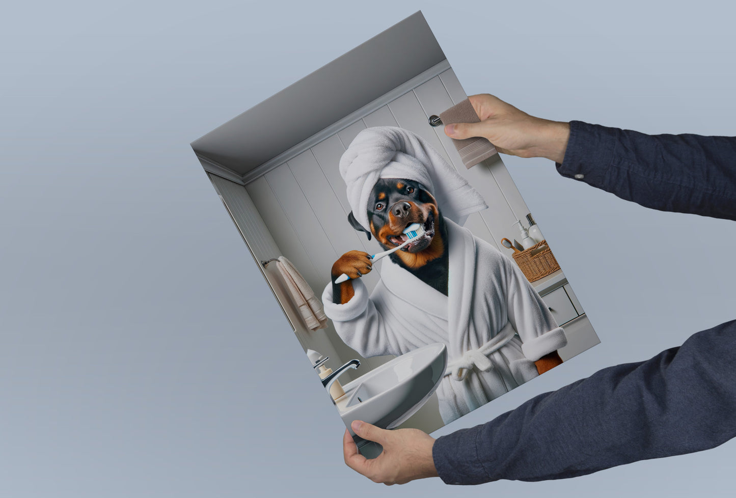 Portrait d'un Rottweiler se brossant les dents en peignoir, Cadre Salle de bain, Déco Humour, Poster SDB, Cadeau Fun, Affiche encadrée