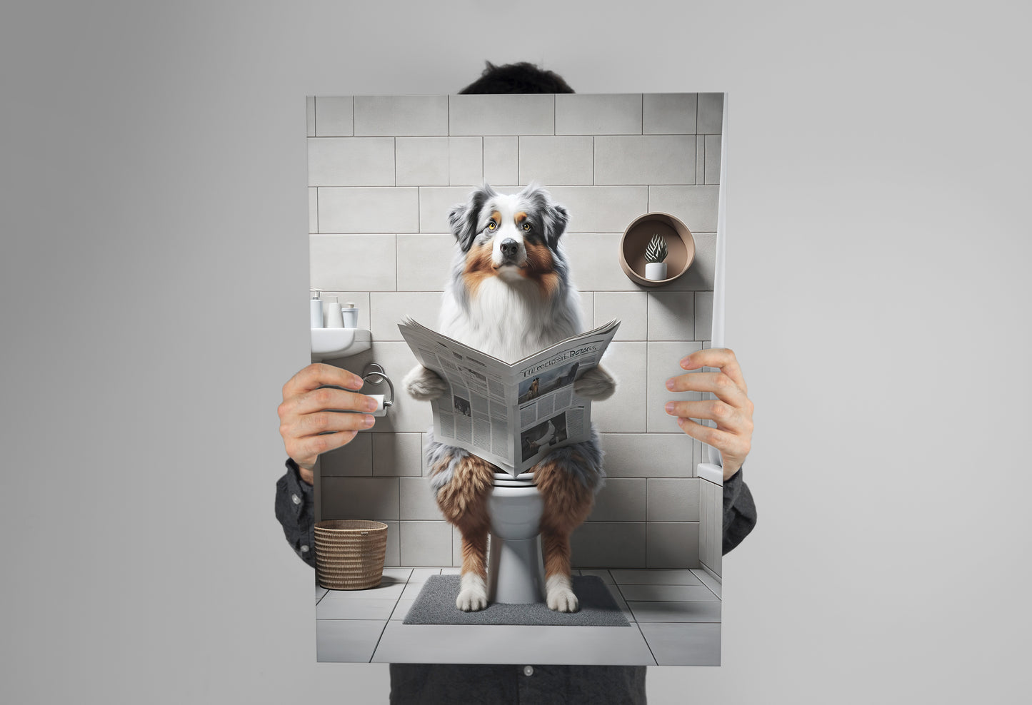 Australian Shepherd Reading Newspaper Toilet Poster - Fun Bathroom Decor Wall Art, Gag Gift for WC
