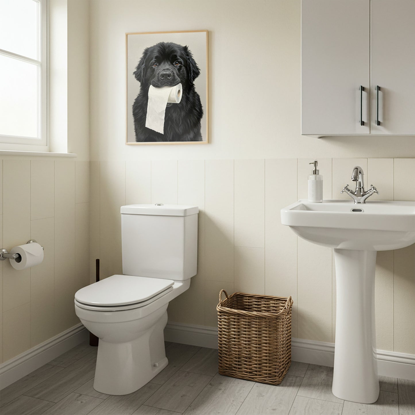 Newfoundland with toilet paper roll in mouth, Toilet Humor, Black Newfie Gifts, Bathroom Print, Dog Lover Gift, WC Wall Art, Framed Print