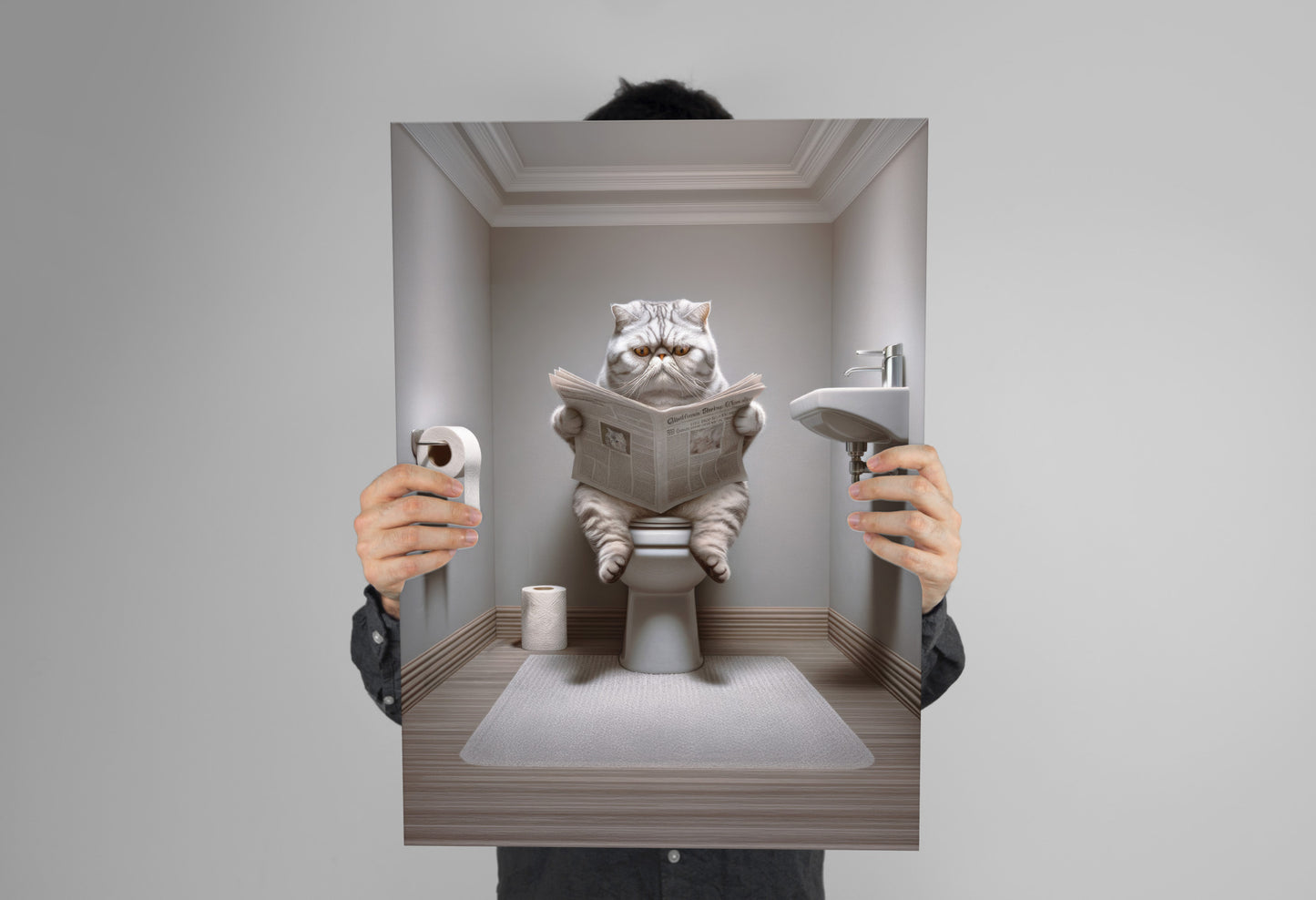 Affiche Murale Chat Exotic Shorthair Gris, Déco Humour WC & Salle de Bain, Poster Cadeau Original Chat Toilettes