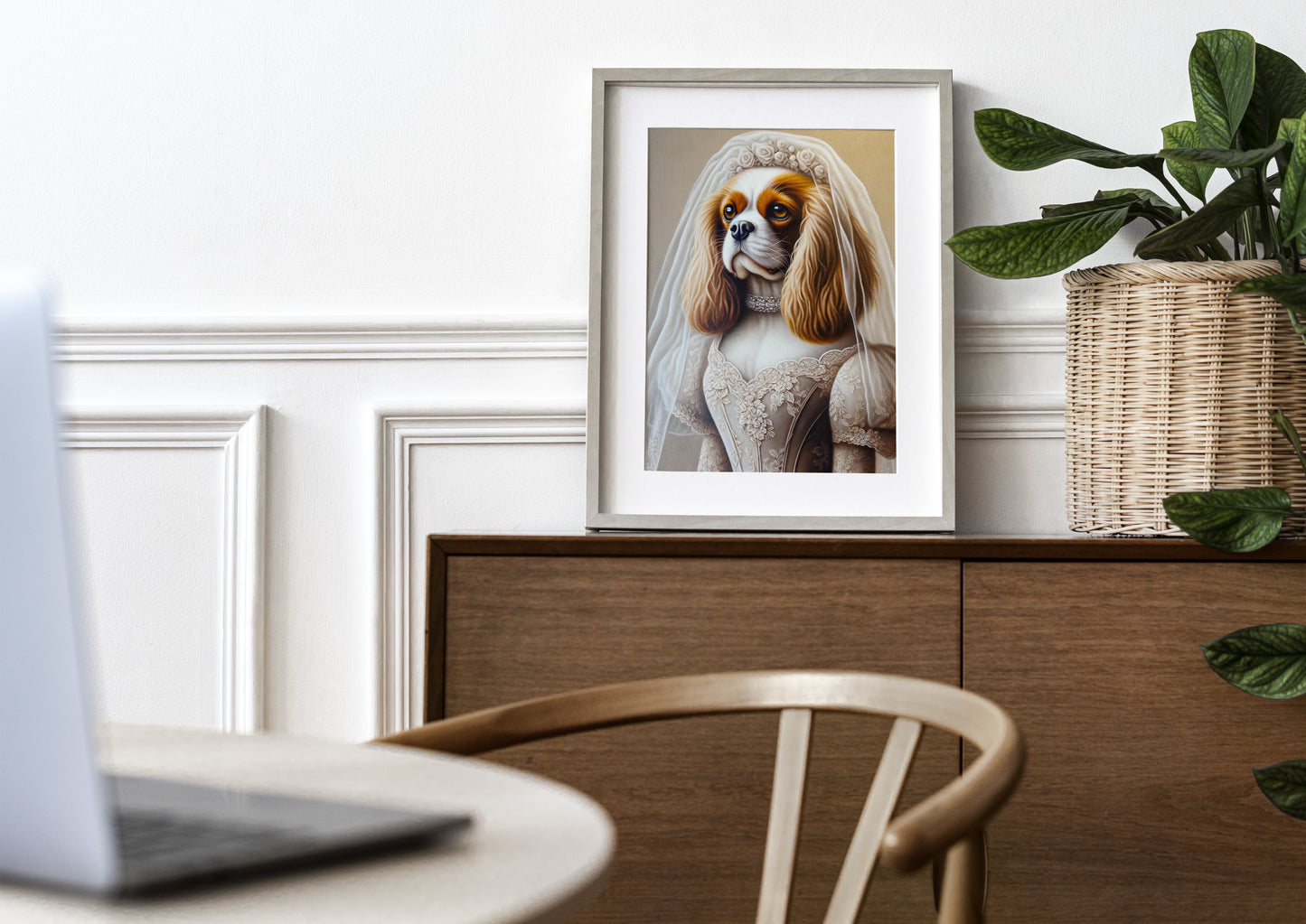 Poster Cavalier King Charles en Robe de Mariée, Décoration Murale Animaux, Affiche Chien Mariage, Humour et Art Canin