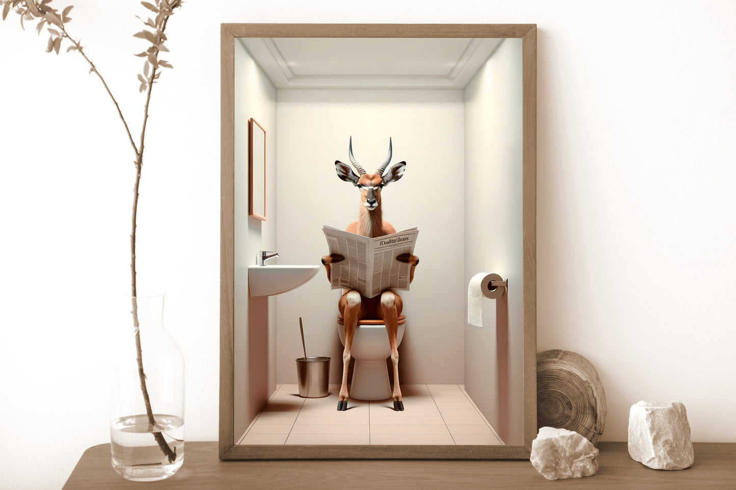 Poster Humour : Antilope lisant le journal, Décoration Fun Salle de Bain, Art Mural WC, Idée Cadeau Originale