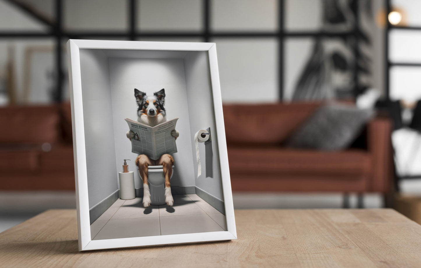 Border Collie Reading Newspaper on Toilet Poster - Funny Bathroom Decor, Gag Gift, WC Wall Art