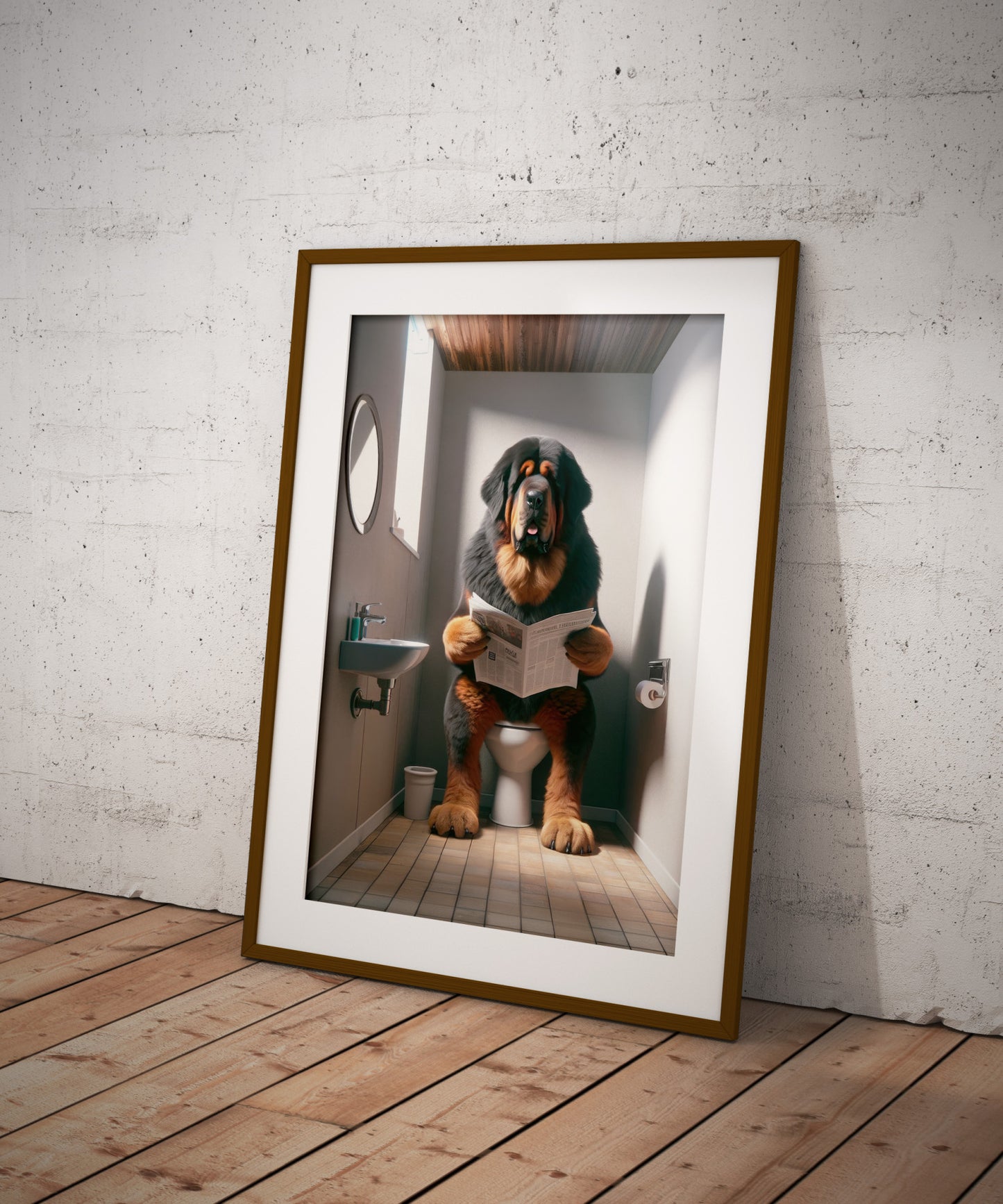 "Tibetan Mastiff Dog Reading Newspaper Poster - Funny Bathroom Wall Art, Toilet Decor, Gag Gift"