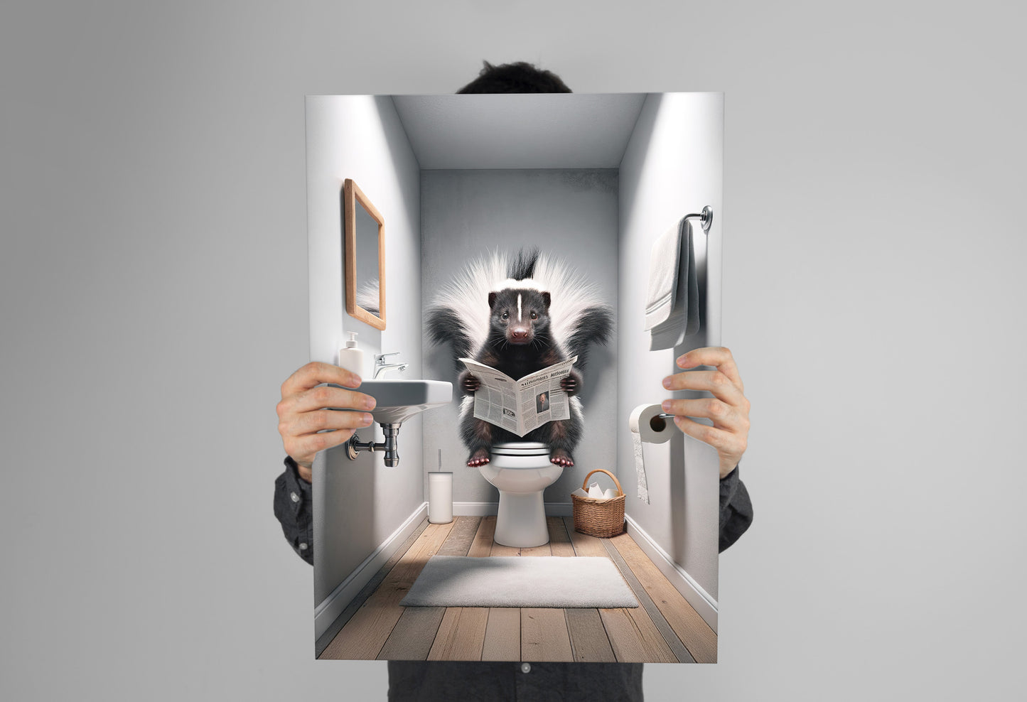 Funny Skunk Reading Newspaper Toilet Poster - Unique Bathroom Wall Art & Gag Gift Decor for WC