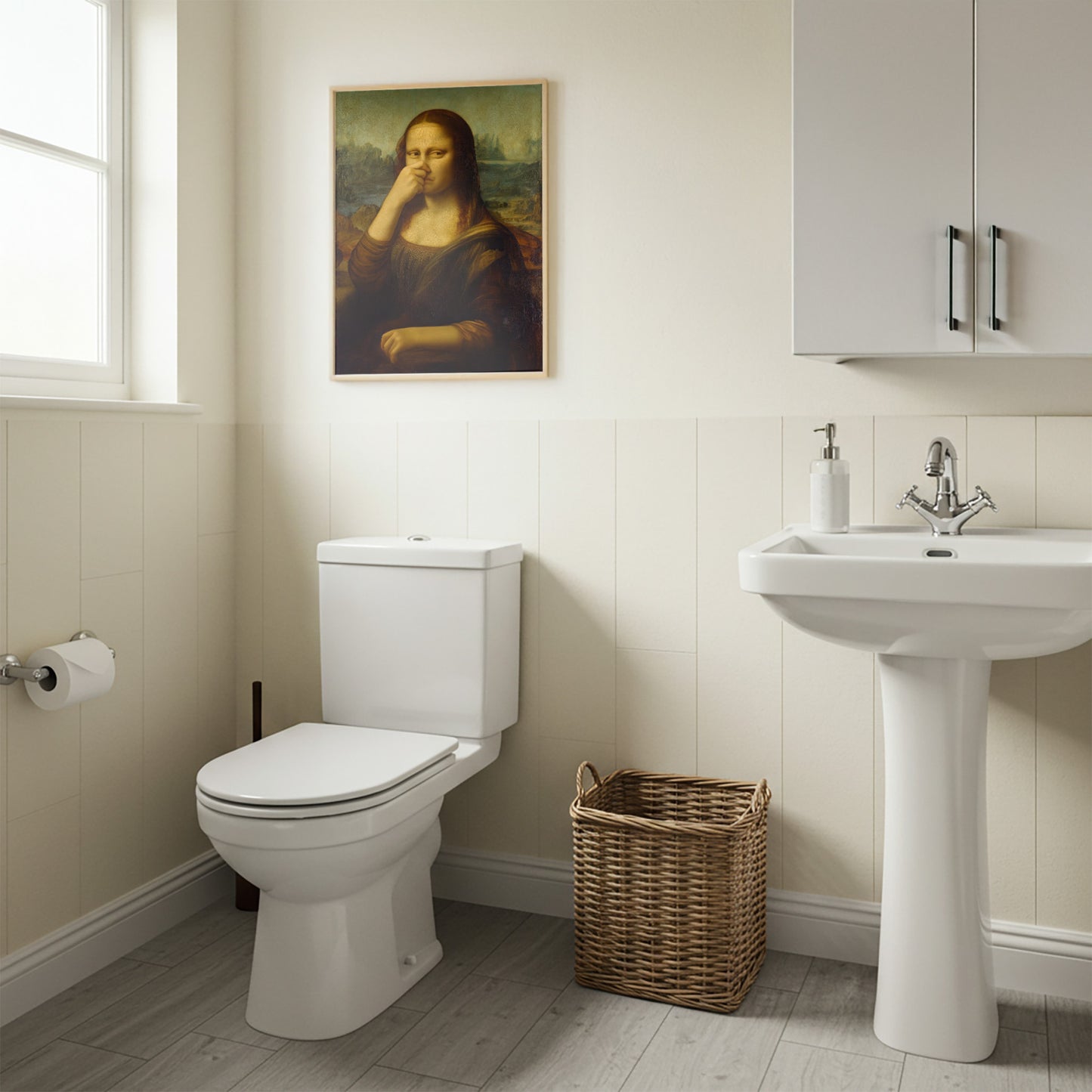 Funny Mona Lisa Bathroom Poster – Quirky Da Vinci Parody Wall Art for Restroom Decor, Toilet Humor, Framed Artwork, Unique Gift