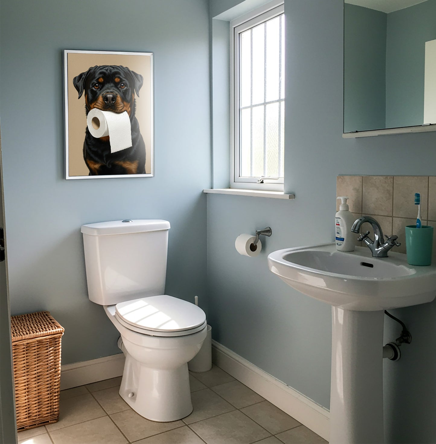 Rottweiler mordant un rouleau de papier toilette, Humour Toilettes, Poster WC, Cadeau Rottweiler, Affiche encadrée, Poster chien