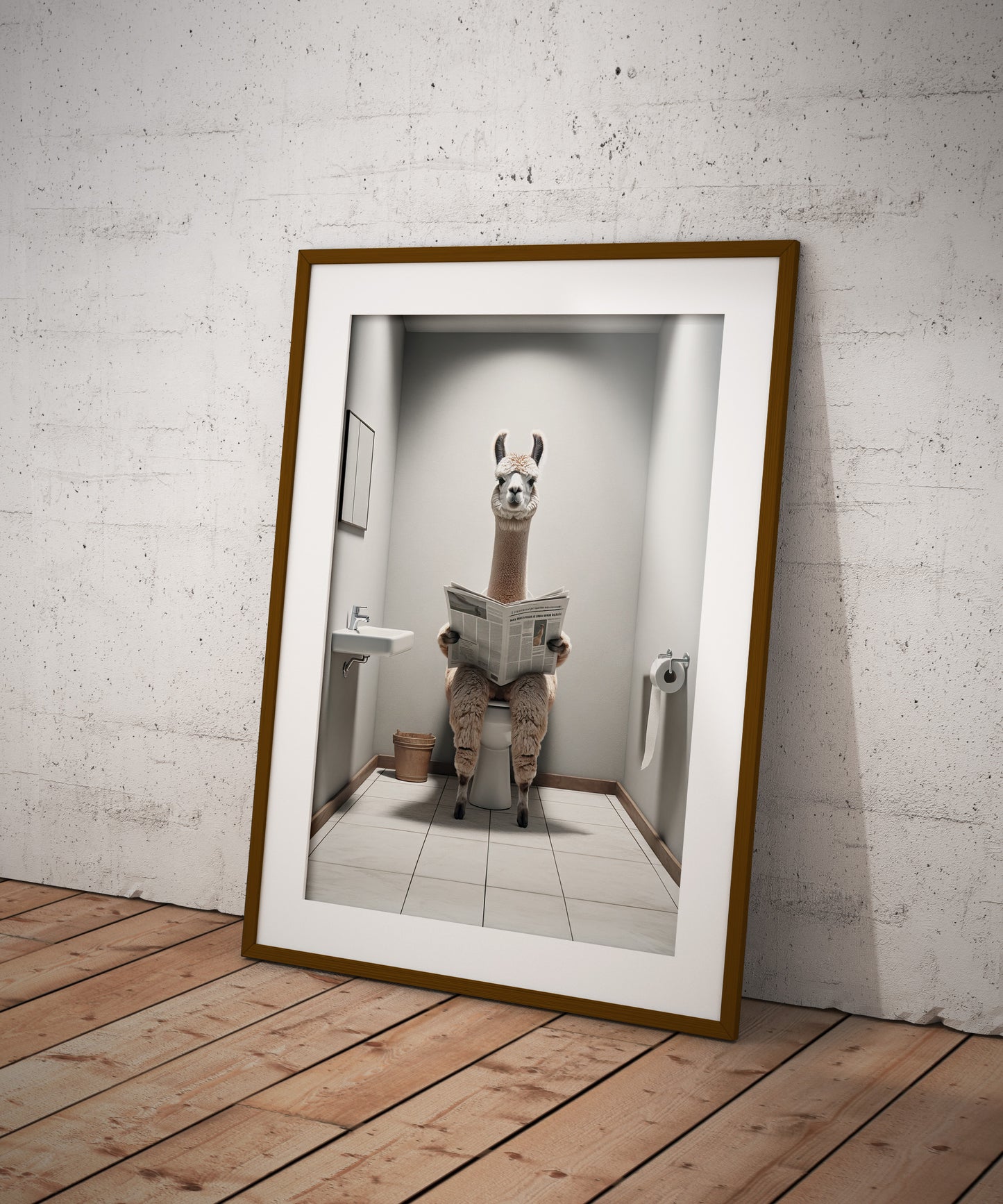 Funny Alpaca on Toilet Reading Newspaper Poster - Unique Bathroom Wall Art Decor - Humorous WC Gift