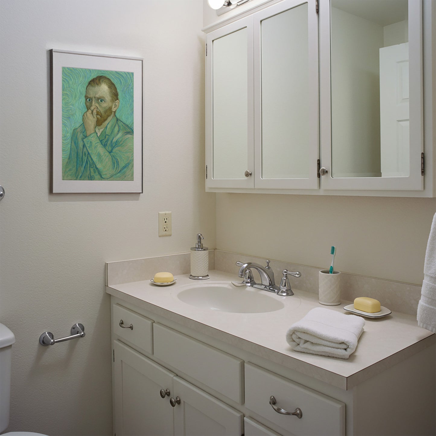 Funny Van Gogh Bathroom Poster – Toilet Humor Wall Art, Quirky Restroom Decor, Parody Framed Print, Unique Gift for Home