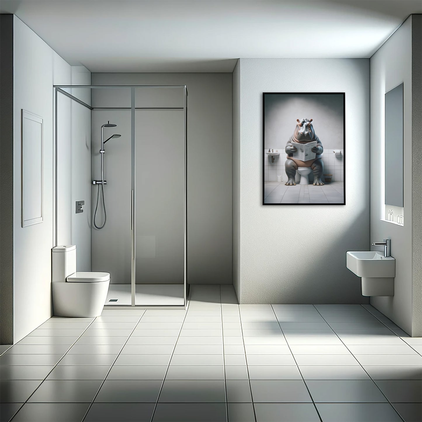 "Funny Hippo Reading Newspaper Bathroom Wall Art - Unique Toilet Poster for Bathroom Decor - Perfect Gift"