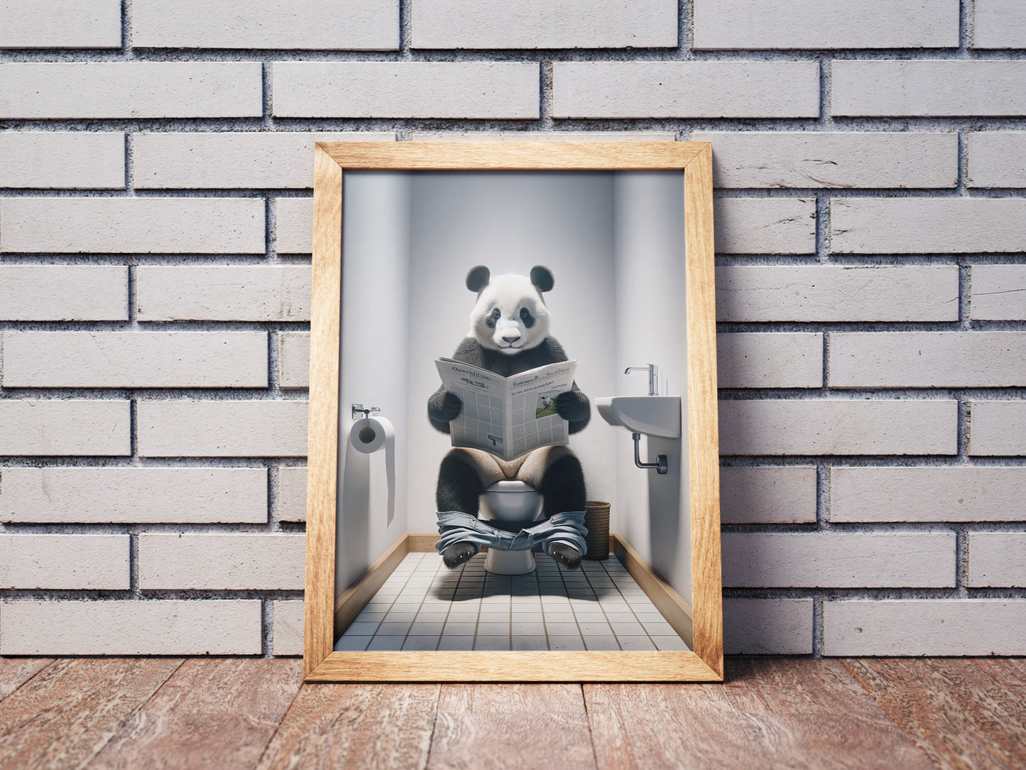 Panda Reading Newspaper Toilet Poster - Funny Bathroom Wall Art - Unique Gift Idea