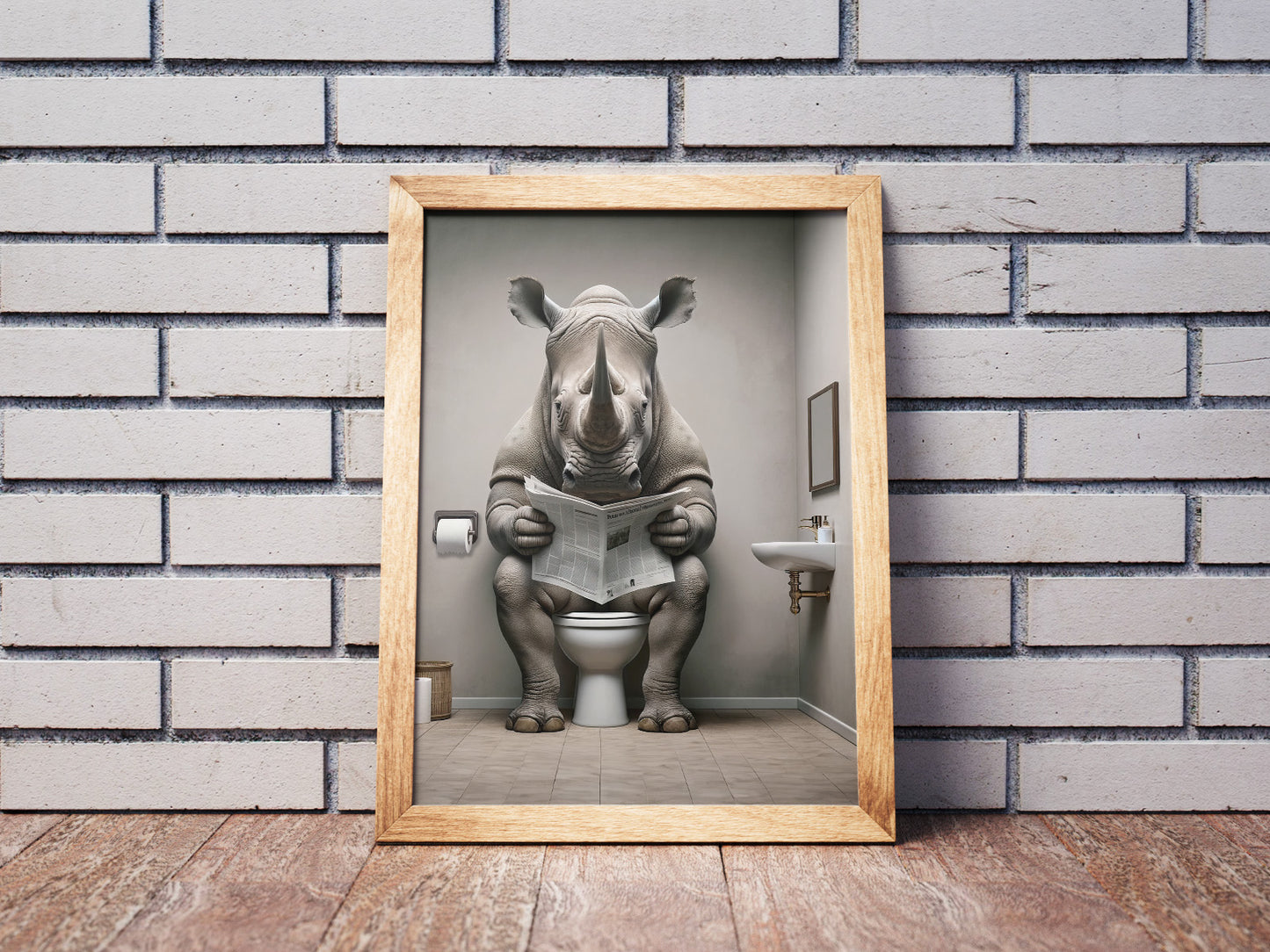 Poster d'un Rhinocéros lisant le journal sur les toilettes, Humour WC, Déco Salle de Bain, Art Mural Fun, Cadeau Original