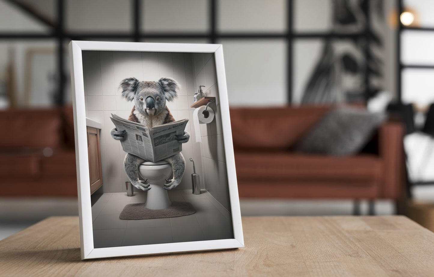 Funny Koala Reading Newspaper on Toilet Poster - Unique Bathroom Wall Art, WC Decor, Hilarious Gift Idea