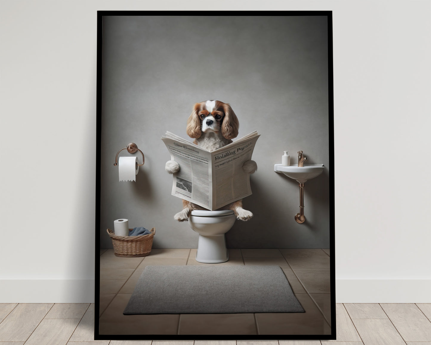 Cavalier King Charles Spaniel Reading Newspaper Poster - Fun Bathroom Wall Art Decor - Unique WC Gift