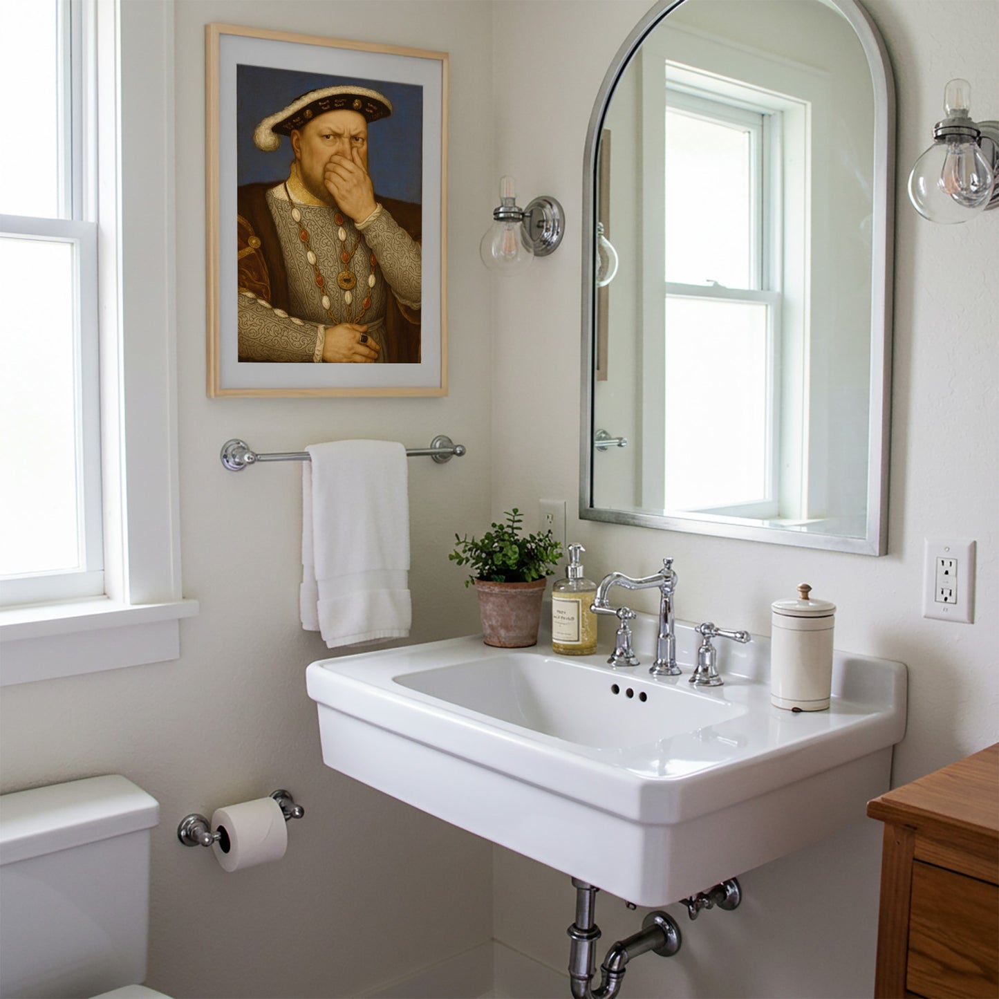 Funny Henry VIII Bathroom Poster – Quirky Restroom Wall Art, Parody Toilet Humor Decor, Unique Framed Gift for Home