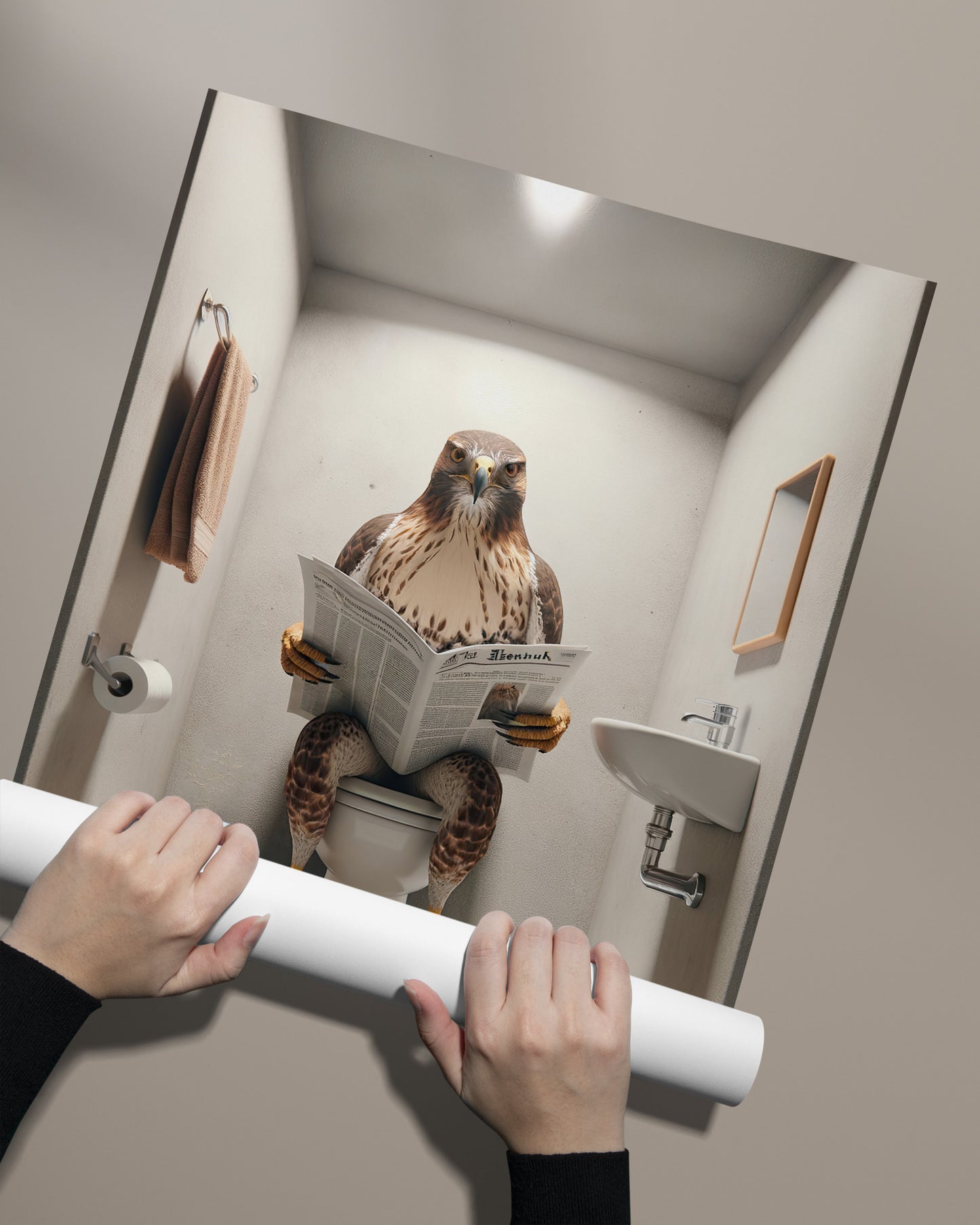 Funny Hawk Reading Newspaper Poster – Unique Bathroom Decor Wall Art, Perfect Gag Gift for Toilet or WC