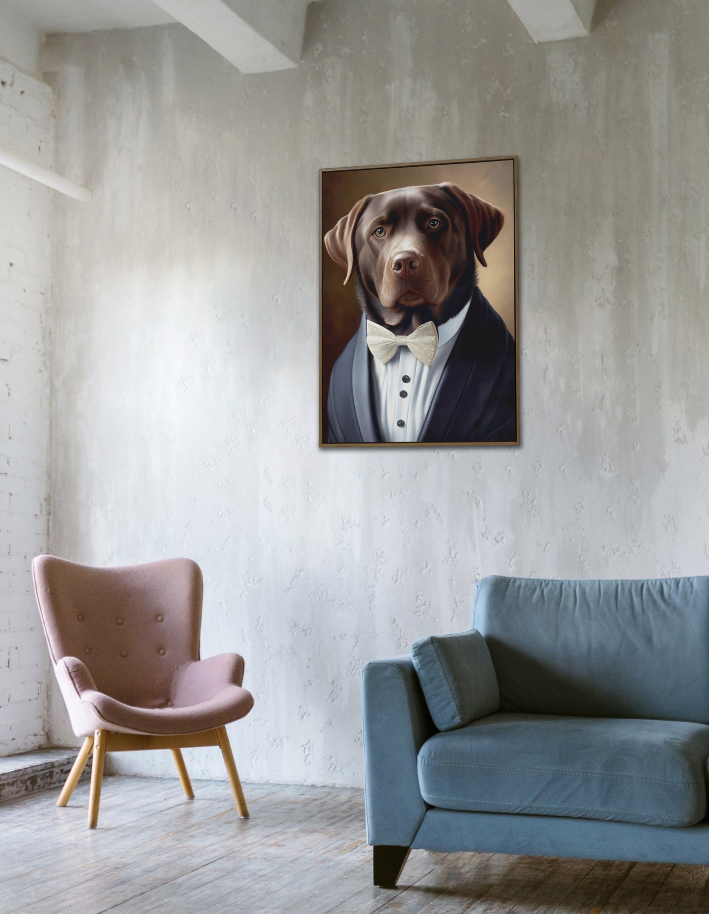 "Chocolate Labrador Tuxedo Poster: Elegant Animal Wall Art, Charming Pet Portrait Decoration for Home"