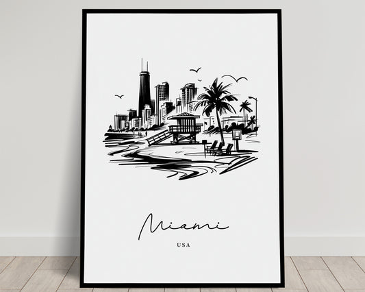 Affiche murale paysage Miami noir et blanc - Poster décoratif salon, chambre, bureau - Art mural chic idéee cadeau
