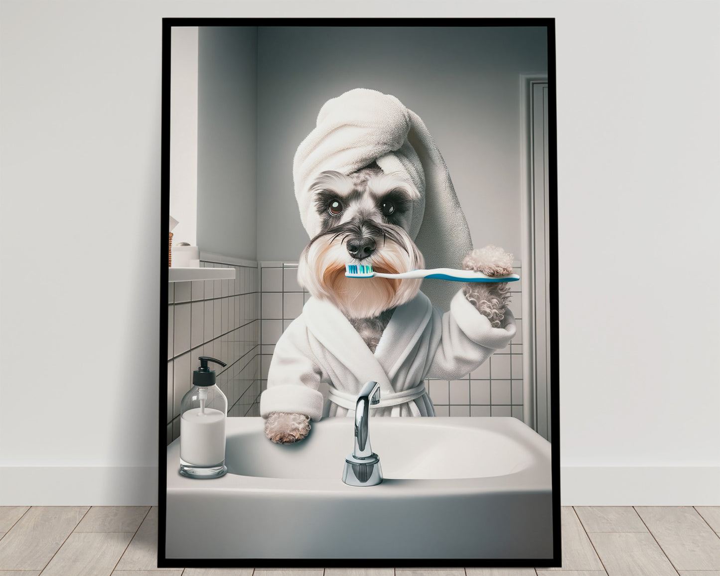 Portrait of a Miniature Schnauzer Brushing Teeth in Bathrobe – Funny Dog Bathroom Decor, Cute Poster, Schnauzer Frame, Gag Gift, Framed art