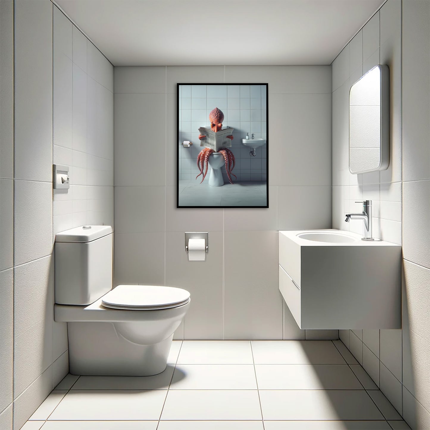 Poster Humour : Pieuvre Lisant le Journal aux Toilettes, Déco Drôle WC & Salle de Bain, Idée Cadeau Originale