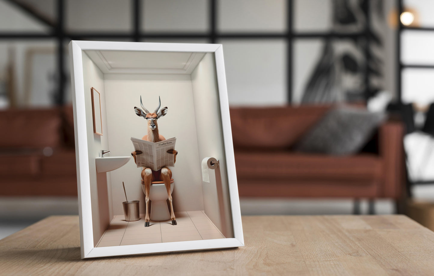 Poster Humour : Antilope lisant le journal, Décoration Fun Salle de Bain, Art Mural WC, Idée Cadeau Originale