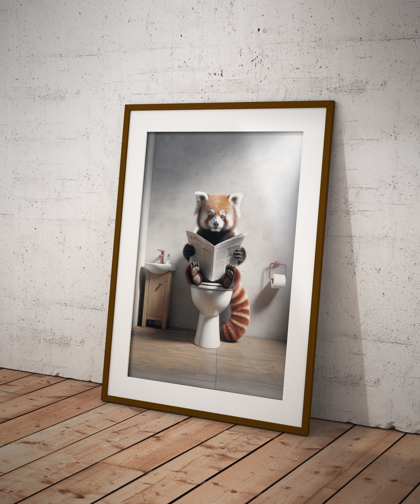 Poster Panda roux lisant le journal, Décoration Toilettes Humour, Cadre déco fun, Cadeau original Salle de bain