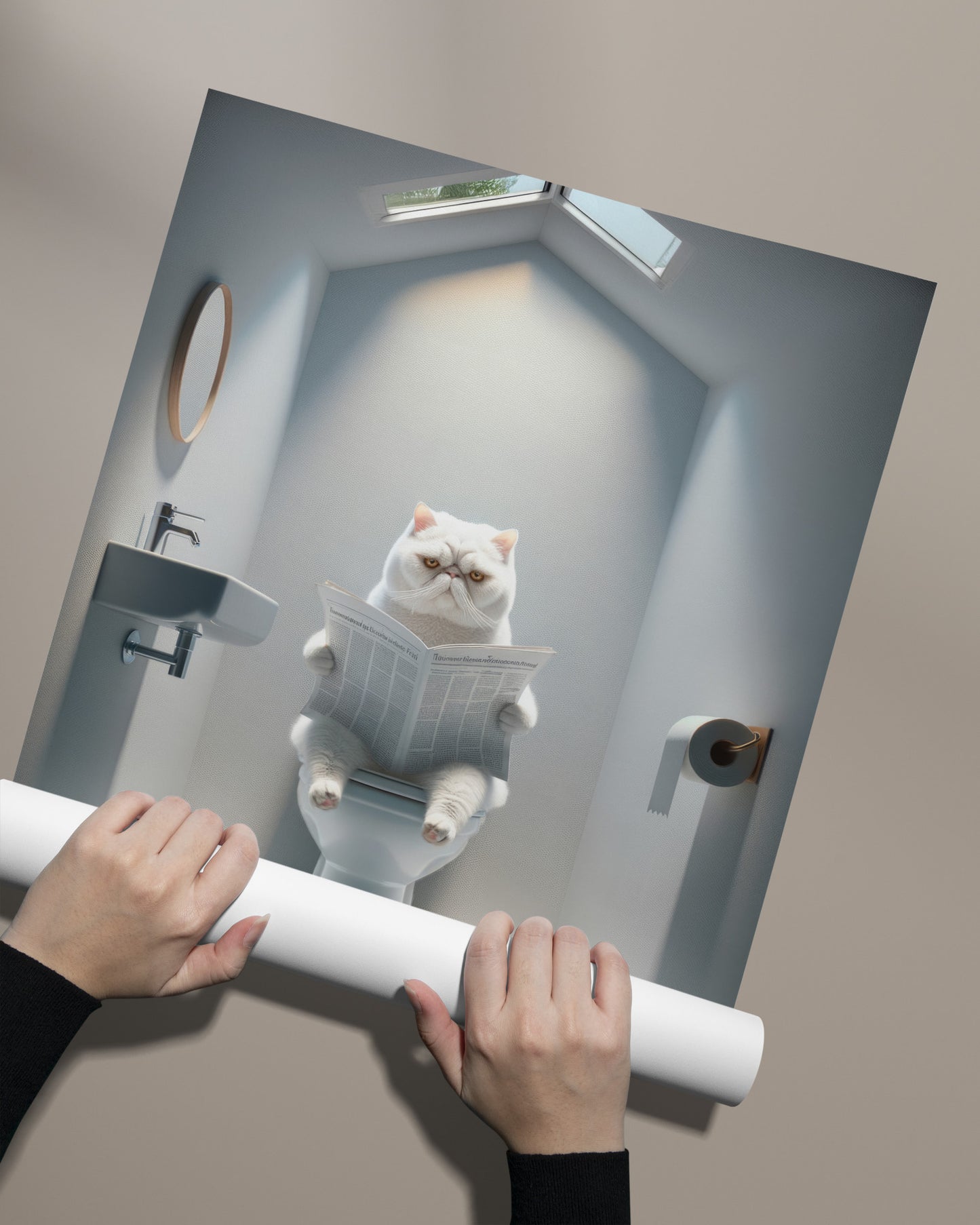 Affiche Murale Humour: Chat Exotic Shorthair Blanc Lisant Toilettes - Déco WC & Salle de Bain - Cadeau Fun Chat
