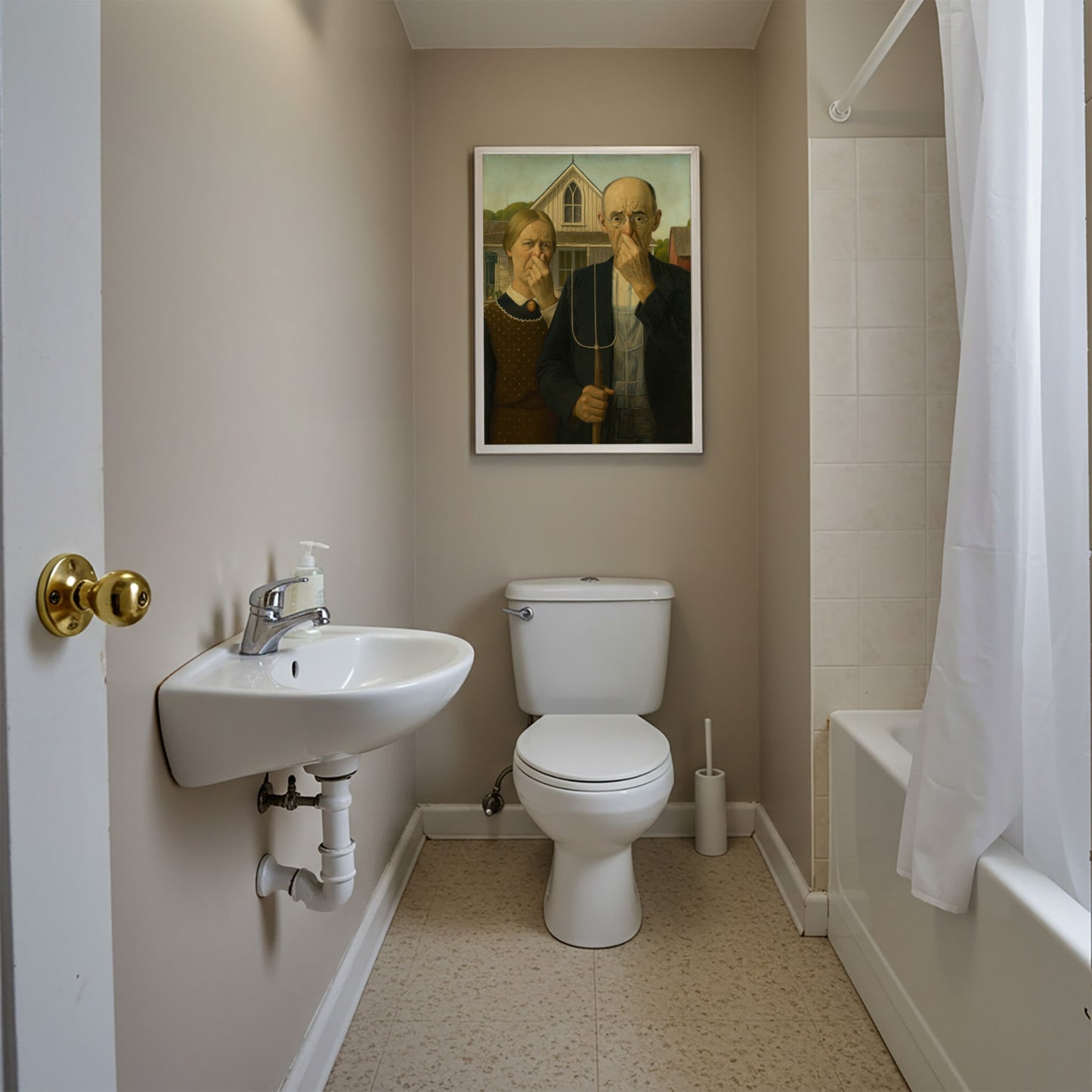 Funny Bathroom Poster – Quirky Restroom Wall Art, American Gothic Parody, Toilet Humor Decor, Unique Framed Gift for Home