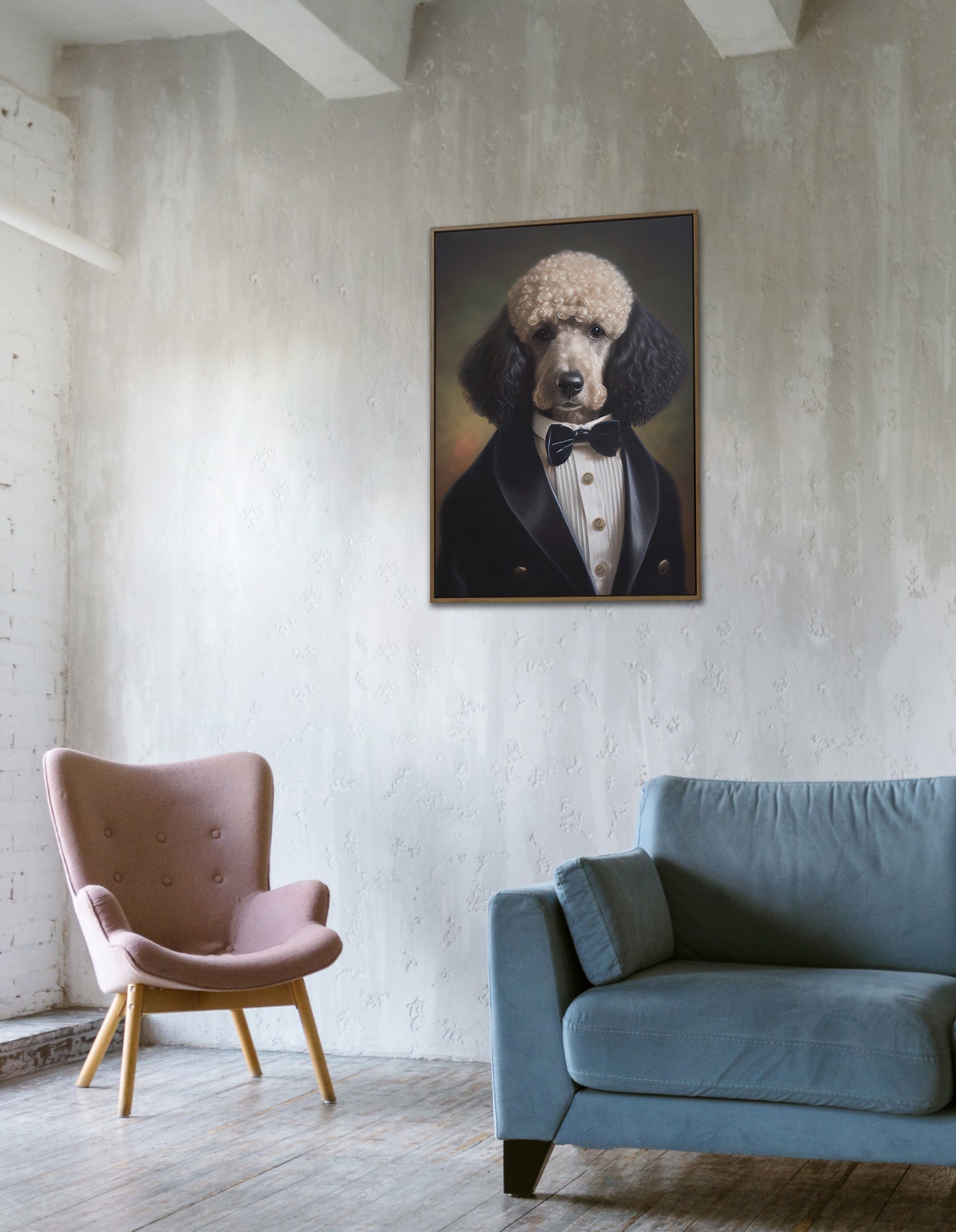 Chic Poodle in Tuxedo Poster – Elegant Dog Wall Art | Humorous Pet Portrait Print for Home Decor