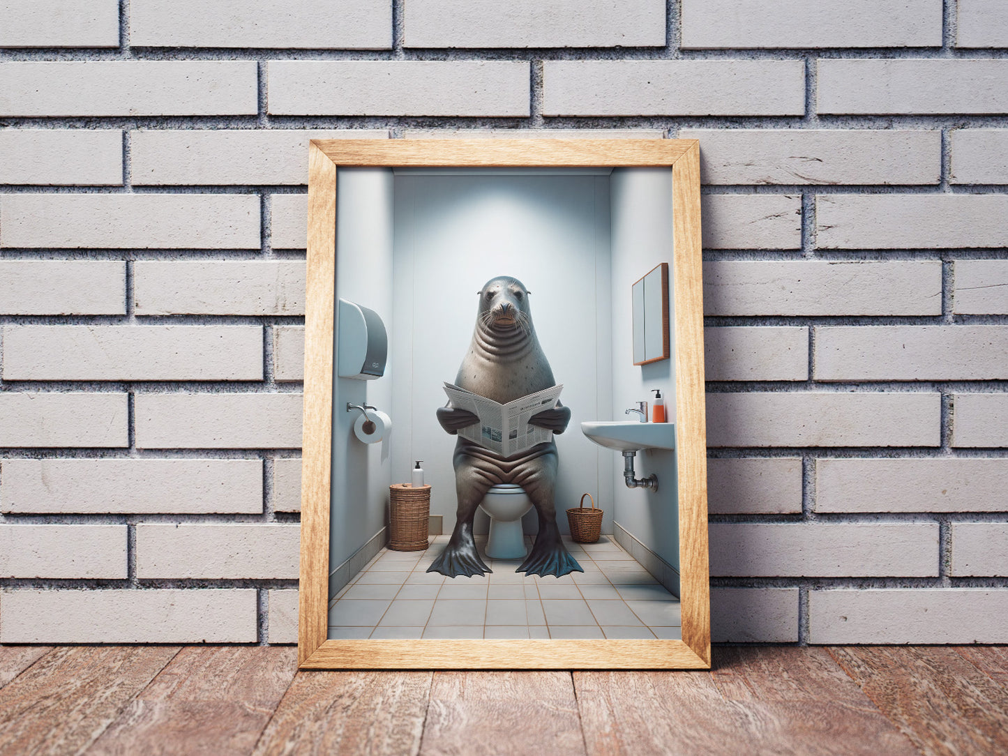 Funny Bathroom Wall Art Poster - Seal Reading Newspaper on Toilet | Unique WC Decor | Humorous Gift Idea