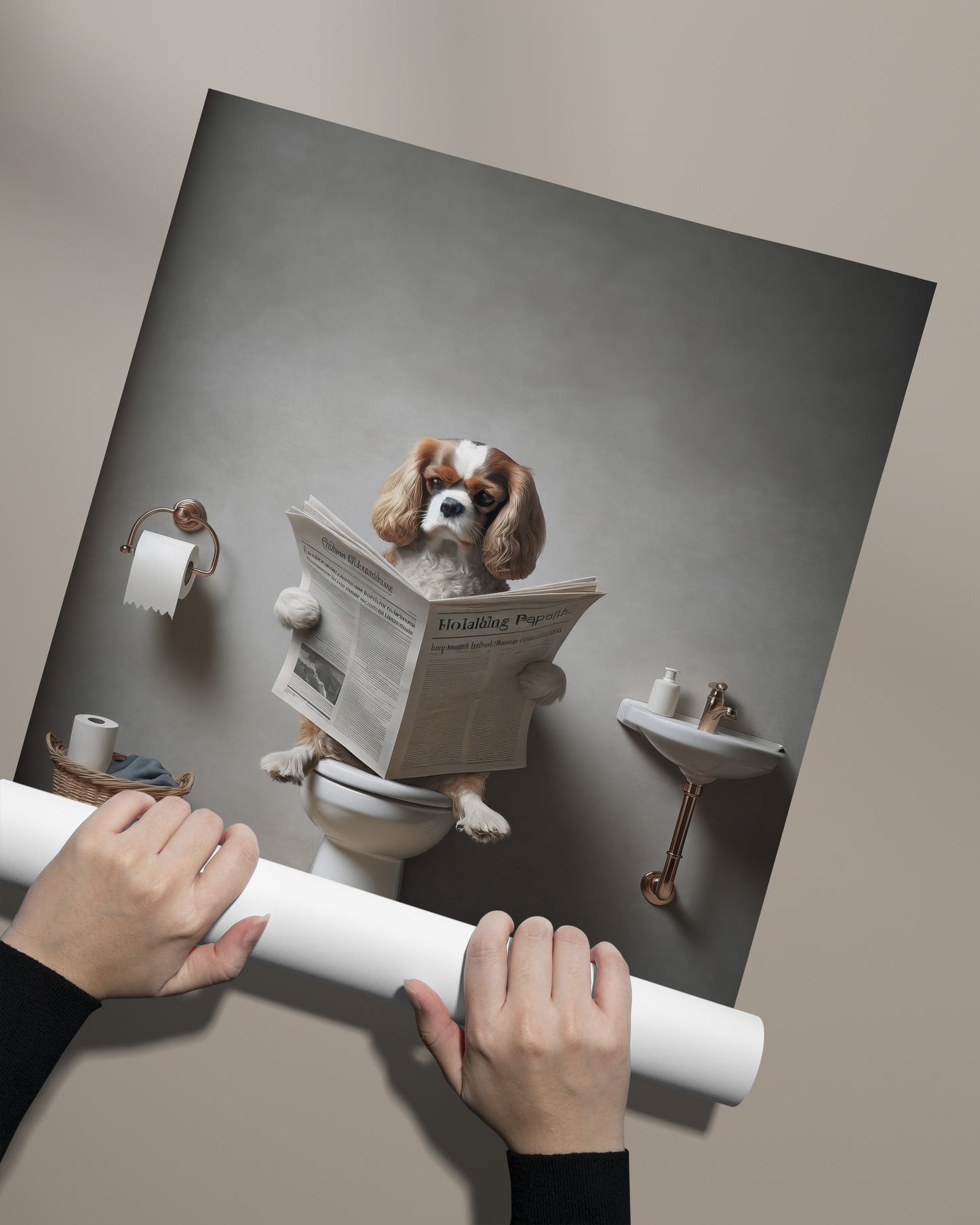 Cavalier King Charles Spaniel Reading Newspaper Poster - Fun Bathroom Wall Art Decor - Unique WC Gift
