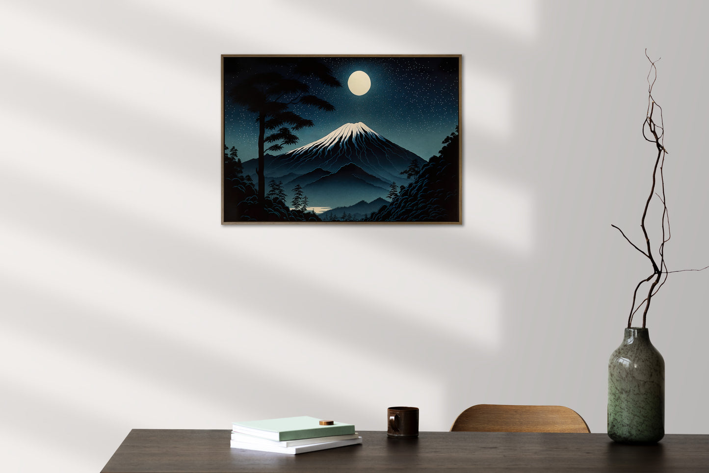 Mount Fuji Poster Under Full Moon - Japanese Art Style Illustration, Fujisan Landscape Wall Decor, Frameable Artwork