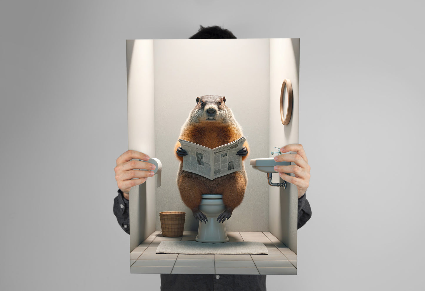 Groundhog Reading Newspaper Poster - Funny Bathroom Wall Art Decor, Unique Gag Gift for Toilet or WC