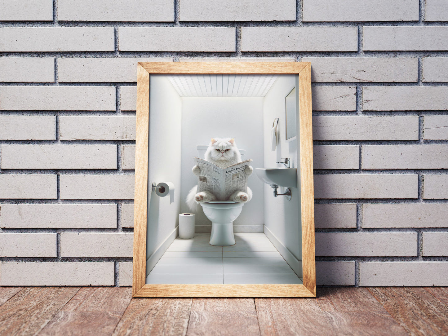 Affiche Murale Chat Persan Blanc aux Toilettes, Décoration Humour Salle de Bain, Poster WC Rigolo, Cadeau Amoureux des Chats