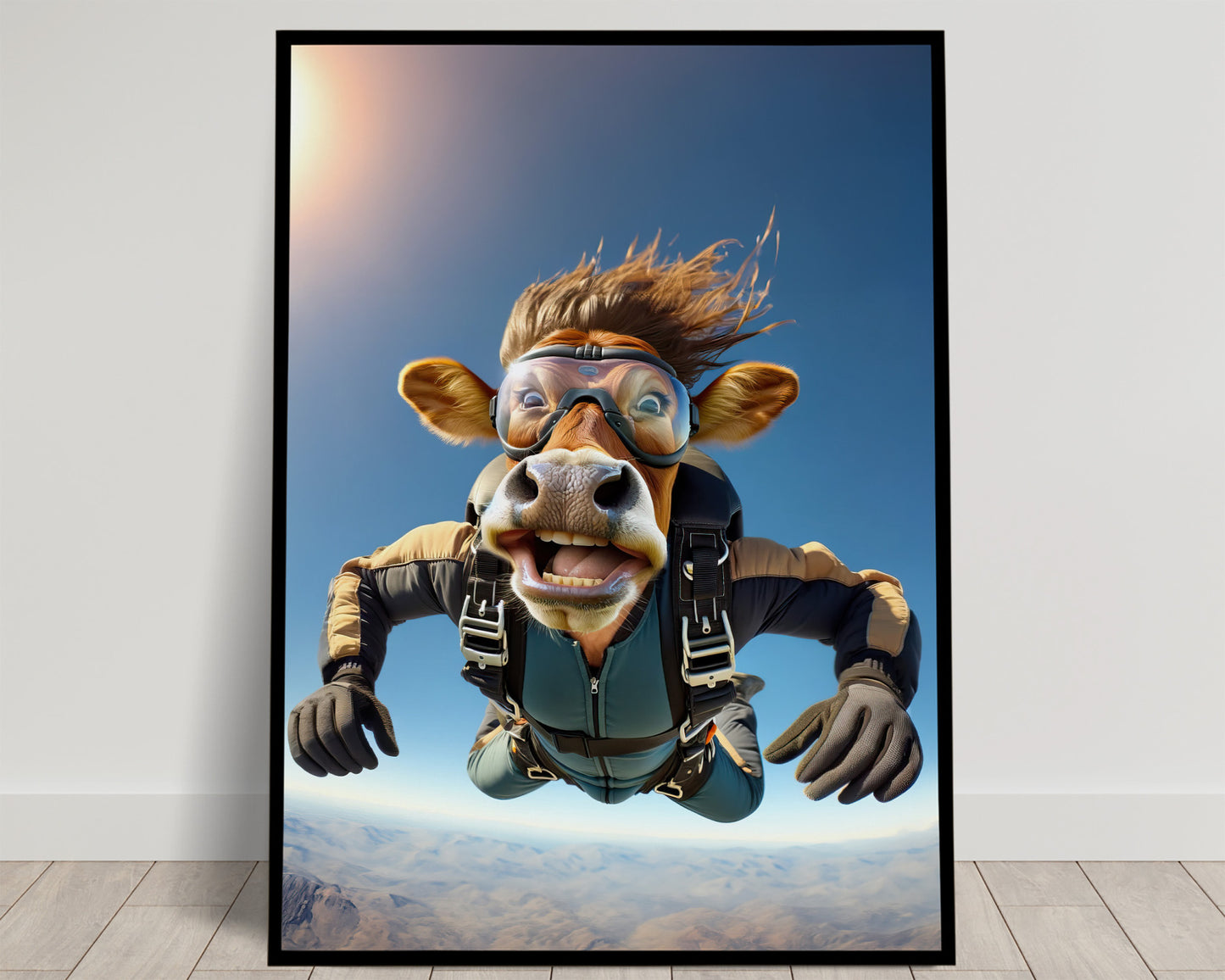 Affiche murale Vache en chute libre, Poster Skydiving Animal, Décoration Sport Extrême, Cadeau original