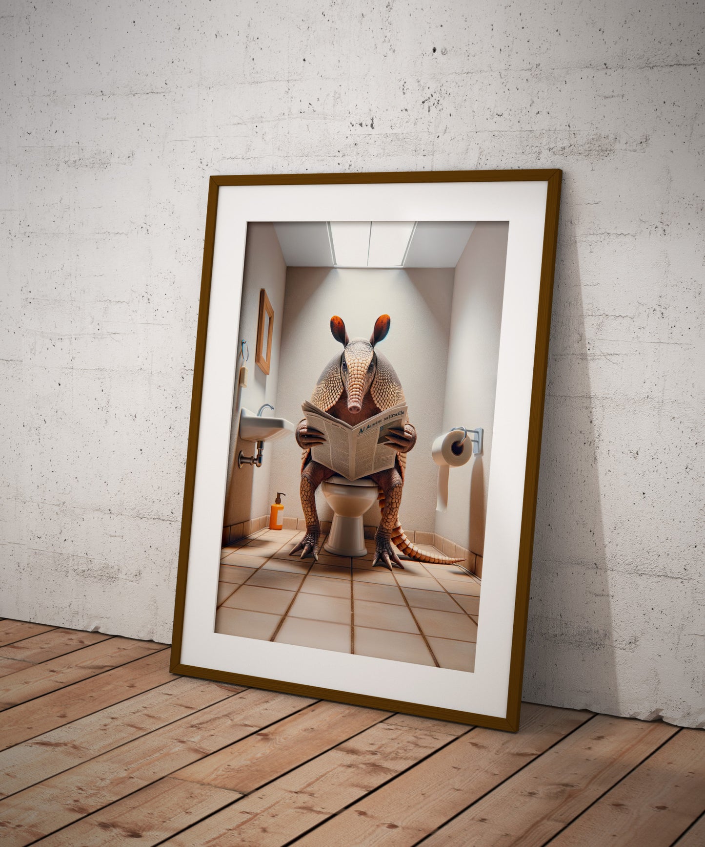 Armadillo Reading Newspaper Poster - Funny Bathroom Wall Art Decor - Unique WC Toilet Gag Gift