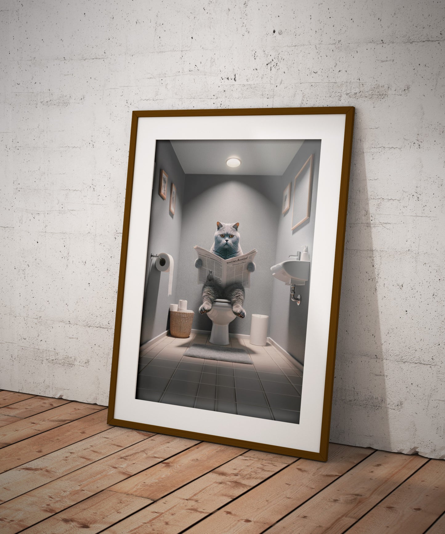 Affiche Murale Chat British Shorthair Lisant aux Toilettes, Déco Humour Salle de Bain & WC, Idée Cadeau Amusante
