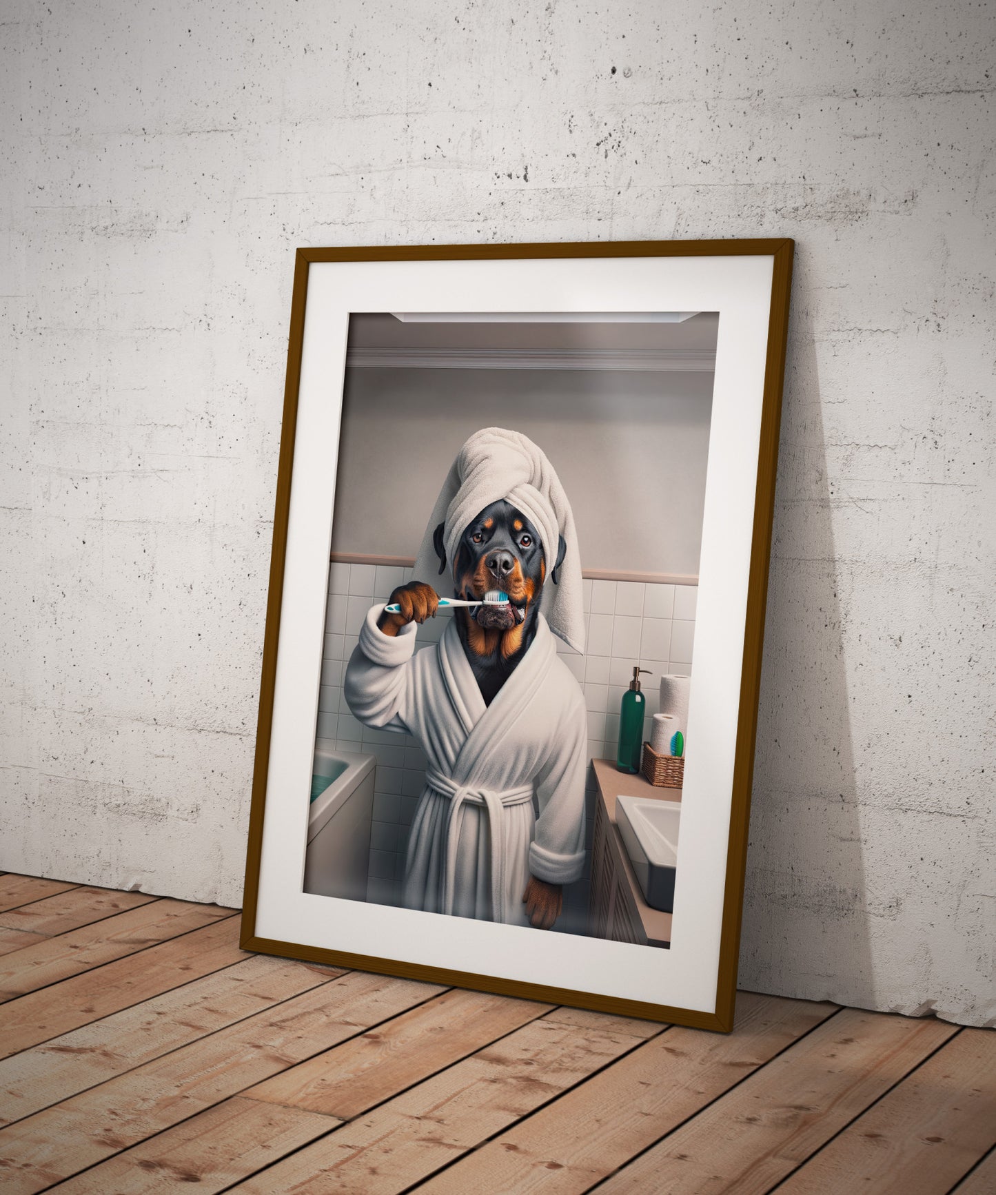 Portrait d'un Rottweiler se brossant les dents en peignoir, Cadre Salle de bain, Déco Humour, Poster SDB, Cadeau Fun, Affiche encadrée
