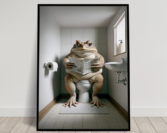 Toad Reading Newspaper on Toilet Poster – Funny Bathroom Wall Art, Unique WC Decor, Humorous Gift Idea