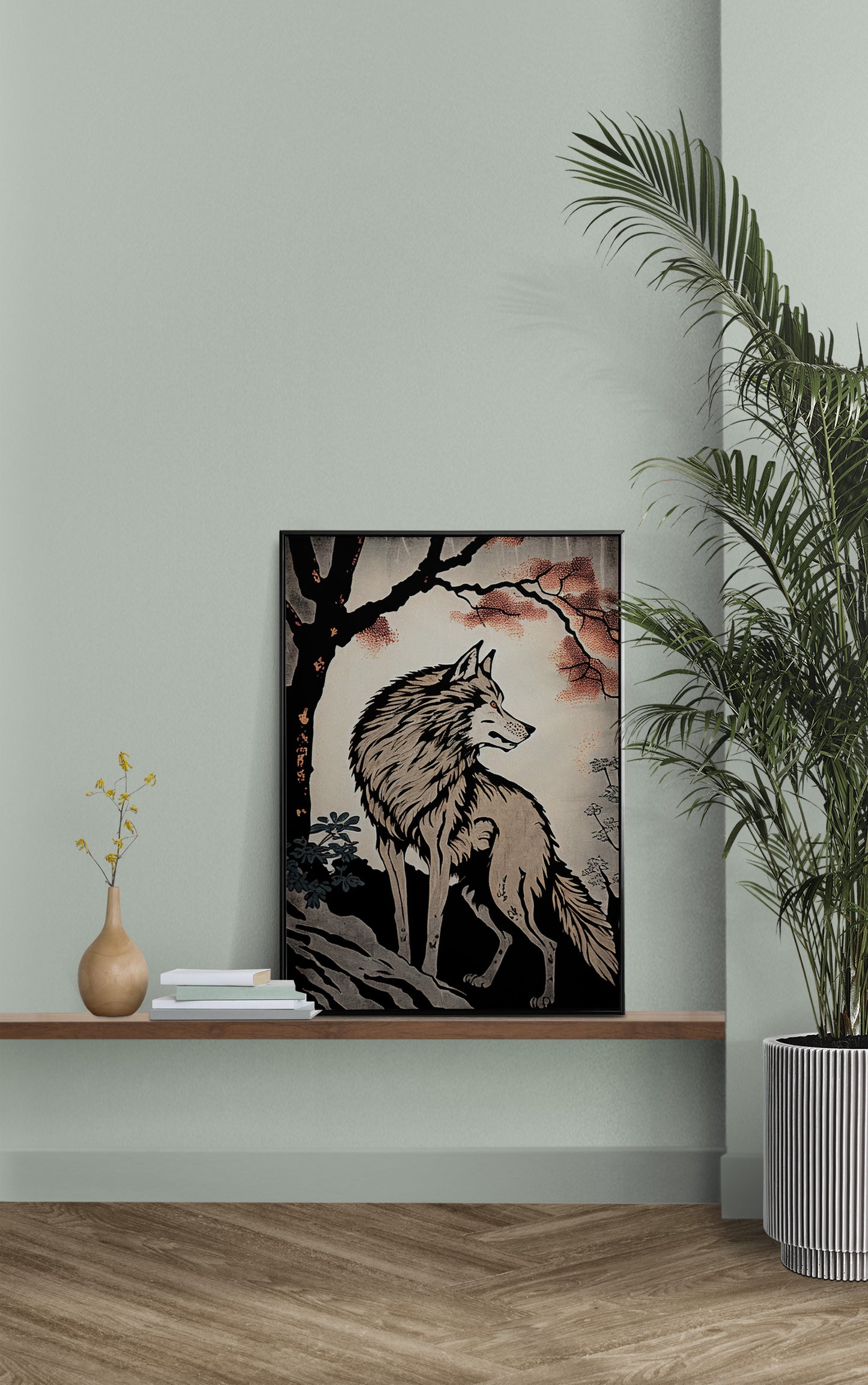 Japanese Wolf in Forest Poster - Ukiyo-e Style Wall Art, Japanese Illustration Print for Home Decor