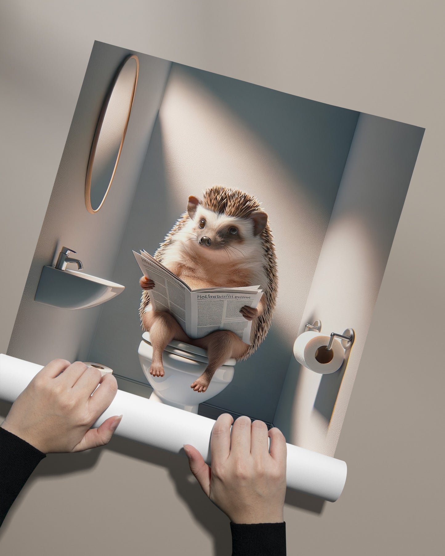 Hedgehog Reading Newspaper Toilet Poster - Funny Bathroom Decor, Unique Wall Art, WC Gag Gift 